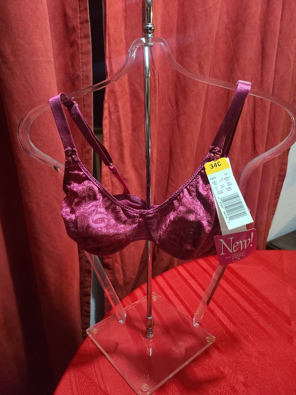 VTG NWT Hanes Her Way 34C Bra Lace Dark Pink Unlined Underwire 6490 Lace Stretch
